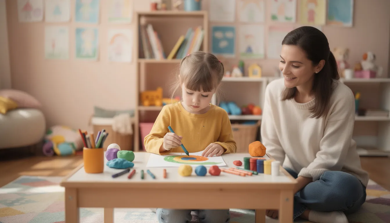 A child is engaged in a creative and supportive therapeutic activity, using art supplies to express emotions and process traumatic experiences. This activity promotes healing and personal growth, helping to develop healthier coping skills in the context of trauma therapy.