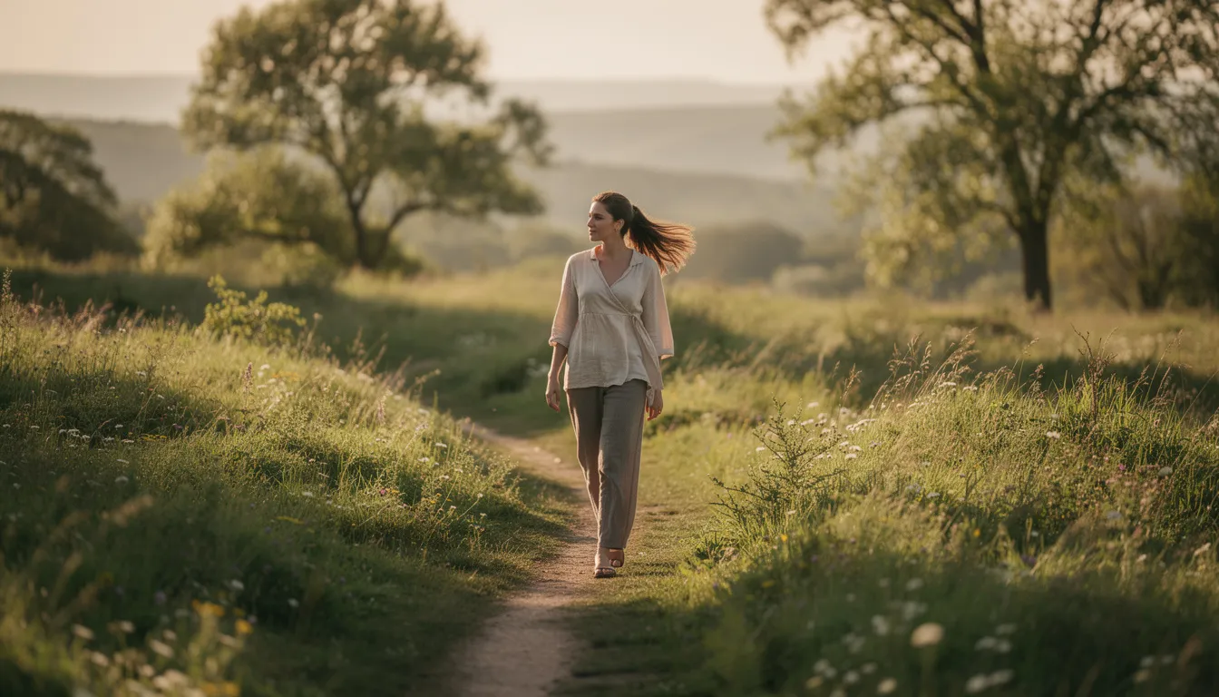 A person is walking peacefully through a serene natural outdoor setting, surrounded by trees and greenery, symbolizing a healing journey from traumatic experiences. This tranquil scene reflects the importance of mental health and the therapeutic benefits of nature in coping with trauma-related symptoms.