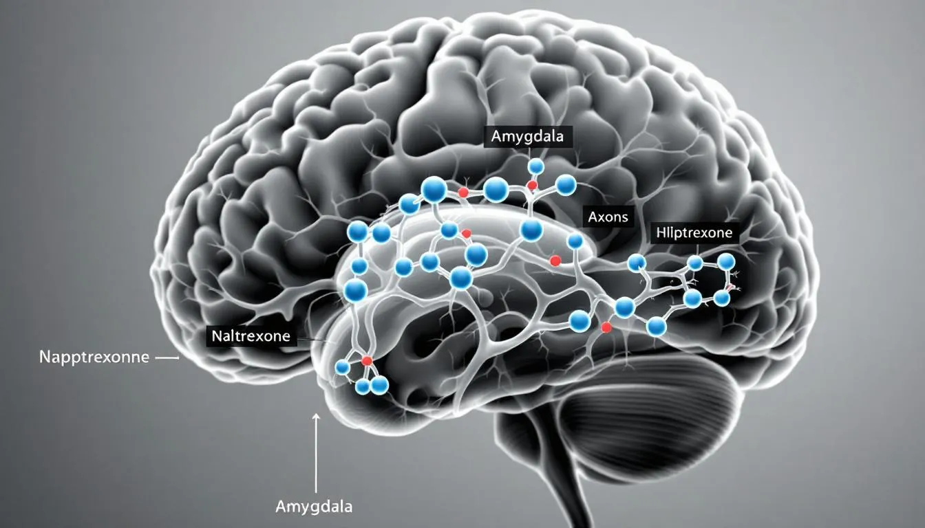 The image depicts a detailed brain diagram highlighting opioid receptors and the blocking mechanism of naltrexone, an opioid antagonist used to treat opioid and alcohol dependence. It illustrates how naltrexone interacts with opioid receptors to prevent opioid blocking effects, emphasizing its role in managing opioid addiction and maintaining abstinence. The image depicts a detailed brain diagram highlighting opioid receptors and the blocking mechanism of naltrexone, an opioid antagonist used to treat opioid and alcohol dependence. It illustrates how naltrexone interacts with opioid receptors to prevent opioid blocking effects, emphasizing its role in managing opioid addiction and maintaining abstinence.