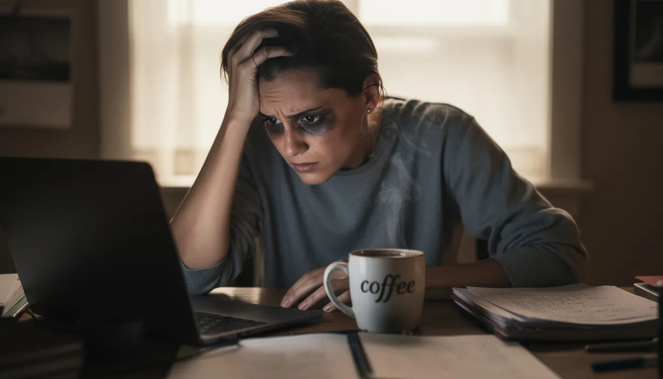 A tired person sits at a desk, struggling to concentrate while holding a cup of coffee, possibly experiencing withdrawal symptoms from alcohol, which can lead to insomnia and poor sleep quality during the recovery process. The scene reflects the challenges of managing sleep problems and maintaining focus amid alcohol withdrawal.