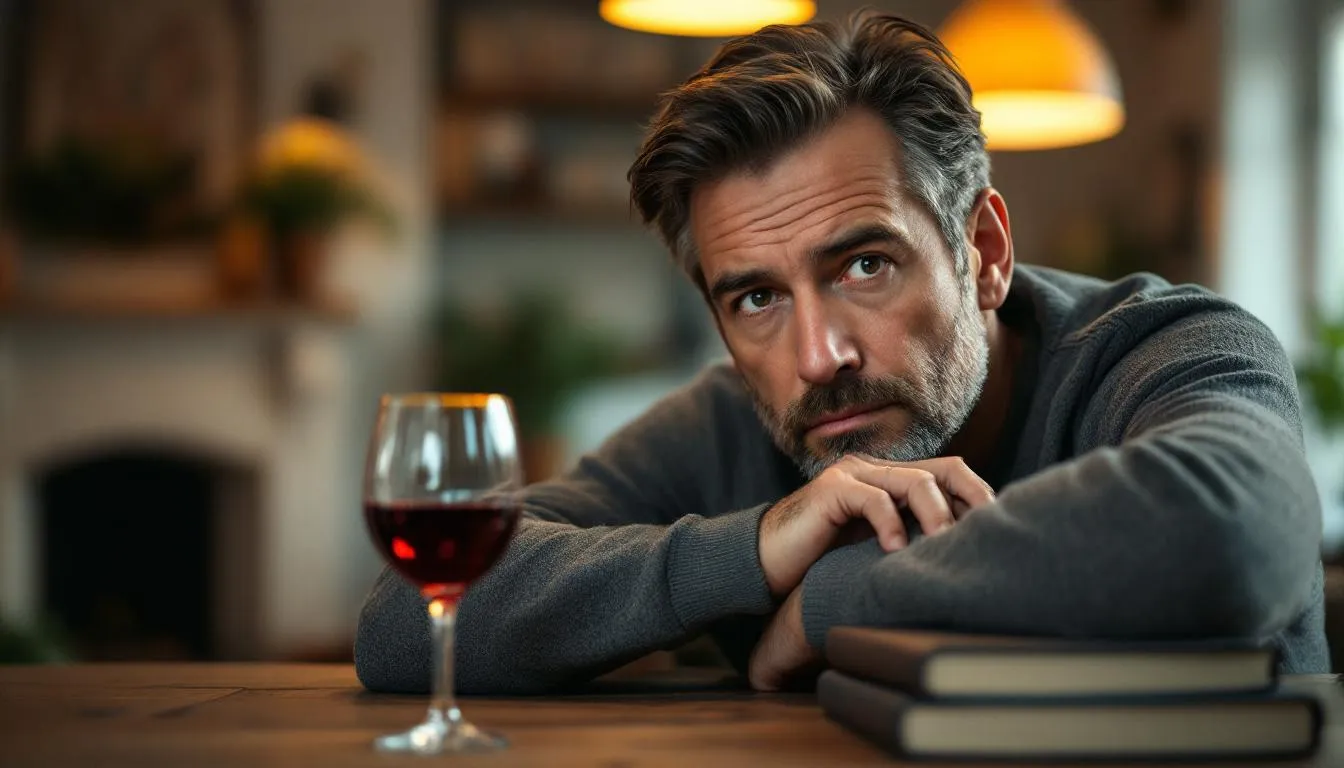 A person sits thoughtfully at a table, holding a wine glass and appearing contemplative about their drinking habits, reflecting on their relationship with alcohol and the potential implications of gray area drinking. The scene captures the essence of introspection regarding alcohol consumption and the complexities of drinking behaviors.