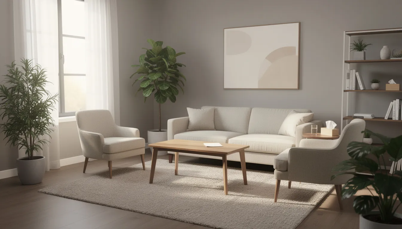 The image depicts a modern and inviting therapy room filled with natural light, featuring comfortable seating arranged for group therapy sessions, creating a supportive environment for individuals attending intensive outpatient treatment for mental health and substance use disorders.