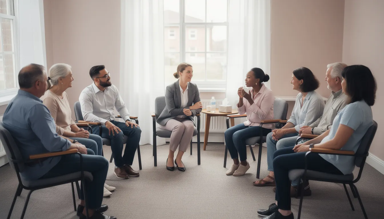 The image depicts a supportive group therapy session with individuals seated in a circle, actively engaging in discussion as part of their mental health treatment and addiction recovery journey. This setting emphasizes the importance of group counseling and support groups in outpatient treatment programs, fostering a sense of community among those dealing with substance use disorder.