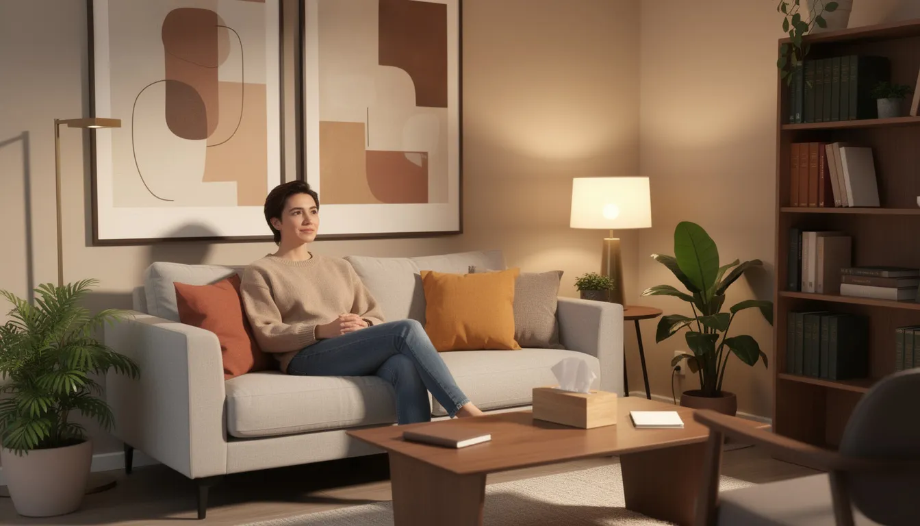 The image depicts a person sitting calmly in a cozy counseling office, illuminated by soft lighting and surrounded by warm decor, creating a welcoming atmosphere for codependency therapy. This serene setting is ideal for individuals seeking support in overcoming codependent behaviors and fostering healthier relationships.