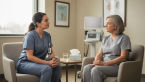 A medical professional is engaged in a compassionate conversation with a patient in a comfortable clinical setting, emphasizing the importance of personalized treatment plans for addiction recovery. The scene highlights the supportive atmosphere of outpatient treatment, where mental health professionals guide individuals on their recovery journey from substance use disorders at an alcohol detox centres.
