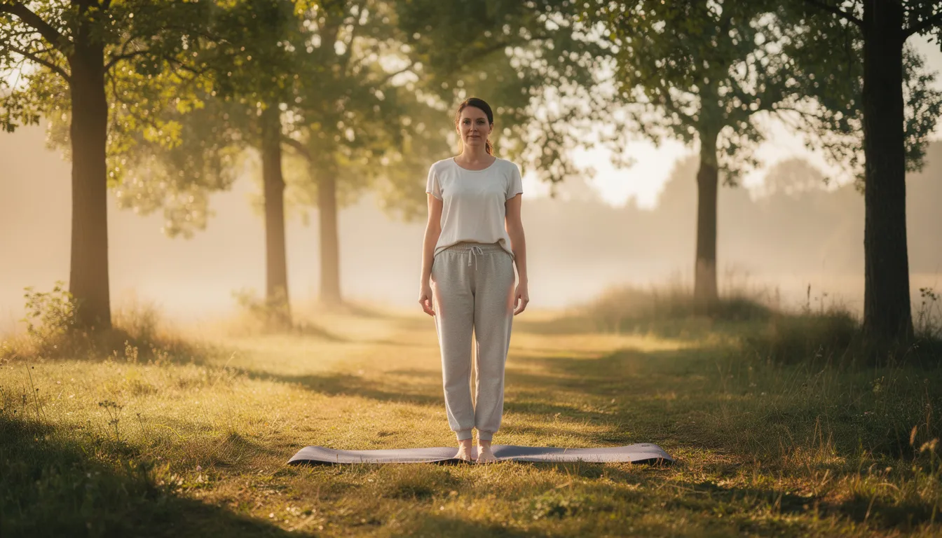 Mindfulness and Movement Therapy in a Peaceful Natural Setting A person is practicing yoga outdoors in a serene natural setting surrounded by trees, with sunlight filtering through the leaves, promoting a sense of peace and mindfulness. This scene embodies the holistic approach often embraced in luxury rehab centers, emphasizing the importance of mental health and wellness in the recovery journey.