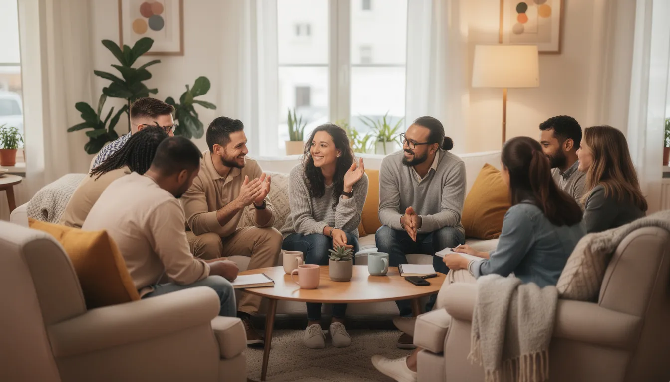 The image depicts a supportive group gathering in a comfortable setting, where individuals are engaging in open discussions about their recovery journeys from drug or alcohol addiction. This environment fosters a sense of community, highlighting the importance of support groups in addiction treatment programs and the overall treatment process.