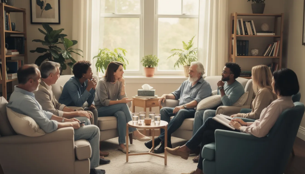 The image depicts a supportive group counseling session with diverse participants engaged in a comfortable setting, focusing on substance use disorders and addiction treatment. This environment fosters open communication and encourages individuals to share their experiences while receiving guidance from the treatment team.