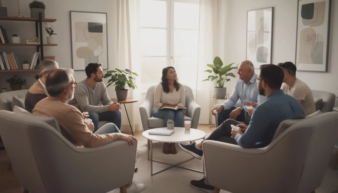Outpatient Group Therapy for Continued Addiction Recovery A group of adults is seated in comfortable chairs during a supportive therapy session at an outpatient rehabilitation facility, where they engage in discussions about their recovery and treatment plans. The atmosphere is warm and encouraging, promoting well-being and collaboration among patients recovering from various conditions.