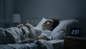 A person lies awake in bed at night, staring at the ceiling with a look of visible exhaustion, reflecting the struggles of a substance-induced sleep disorder such as insomnia and sleep disturbances. The scene captures the difficulty of maintaining sleep and the toll it takes on sleep quality and overall well-being.