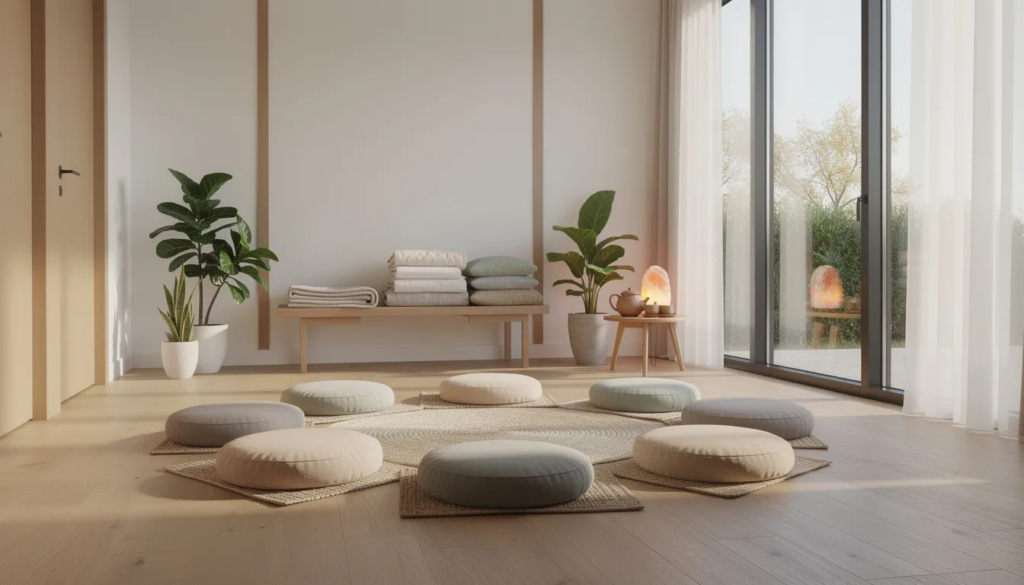 The image depicts a serene meditation space within a treatment center, featuring soft cushions arranged on a wooden floor, illuminated by warm natural light filtering through large windows. This tranquil environment is designed to promote emotional well-being and support individuals on their recovery journey from codependency and unhealthy relationships.