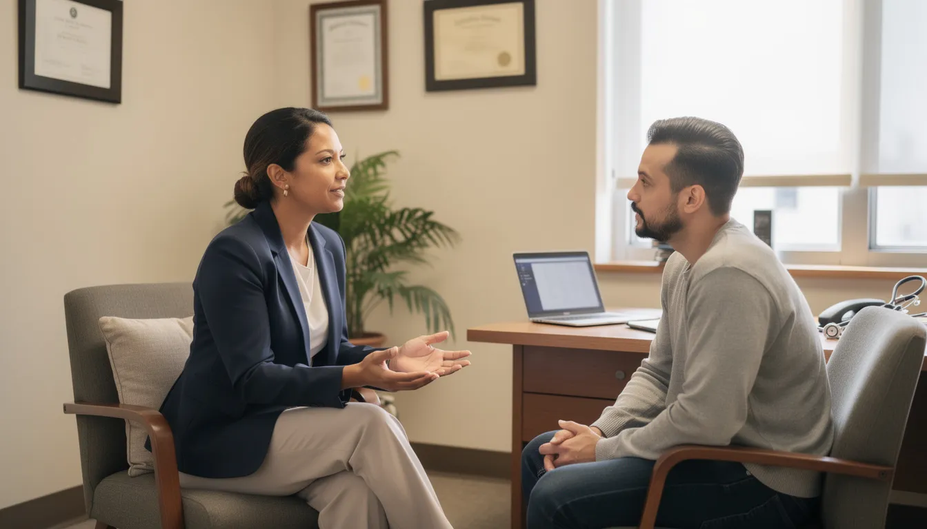 Mental Health Professional Consulting With Patient in Private Office A healthcare provider is engaged in a calm conversation with a patient in an office setting, discussing mental health topics such as major depressive disorder and bipolar disorder. The atmosphere is supportive, emphasizing the importance of appropriate treatment for mood disorders and the management of depressive symptoms.