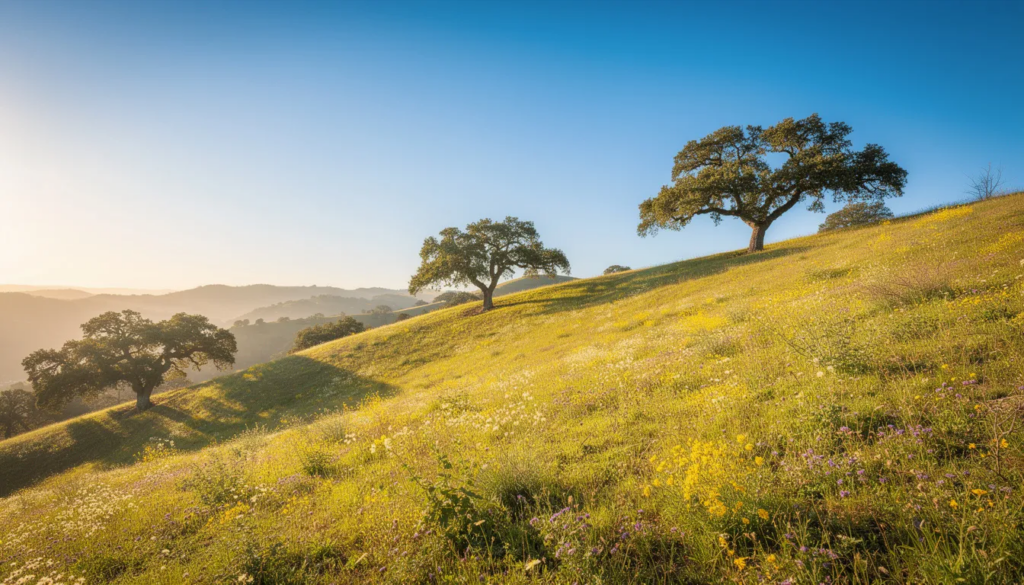 The image depicts a picturesque California hillside under a clear blue sky, symbolizing hope and new beginnings, often associated with the recovery journey from drug and alcohol addiction. This serene landscape reflects the supportive environment found in treatment centers, where individuals seek treatment and embark on their path to sobriety.