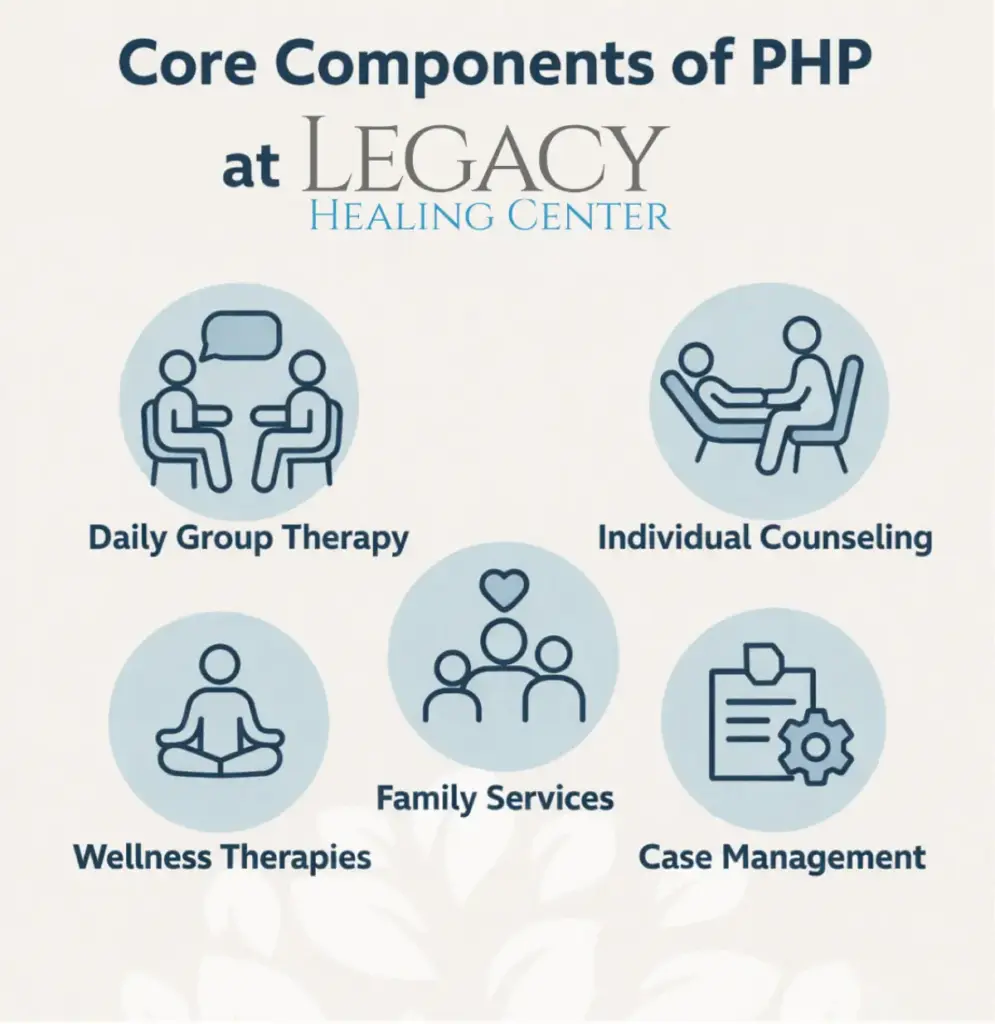 Infographic showing core components of a Partial Hospitalization Program for addiction therapy, including group therapy, individual counseling, medication management, wellness therapies, family services, and case management.