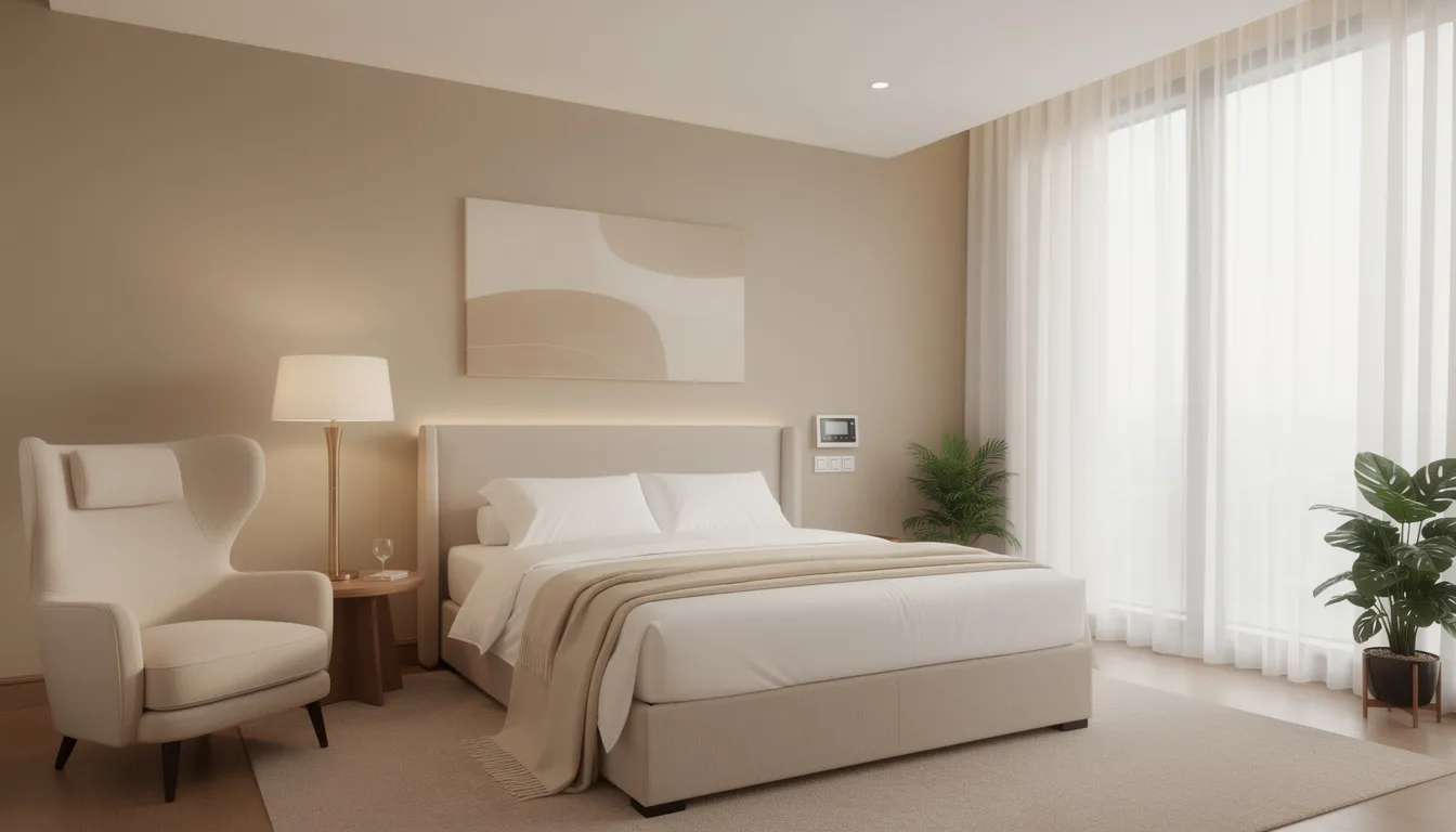 Private Luxury Recovery Bedroom Designed for Comfort and Healing The image depicts a comfortable private room in a luxury rehab center, featuring natural lighting and calming decor designed to create a supportive environment for those seeking recovery from substance use disorders. This serene space is ideal for personalized treatment plans and holistic therapies, contributing to the healing process in a residential treatment program.