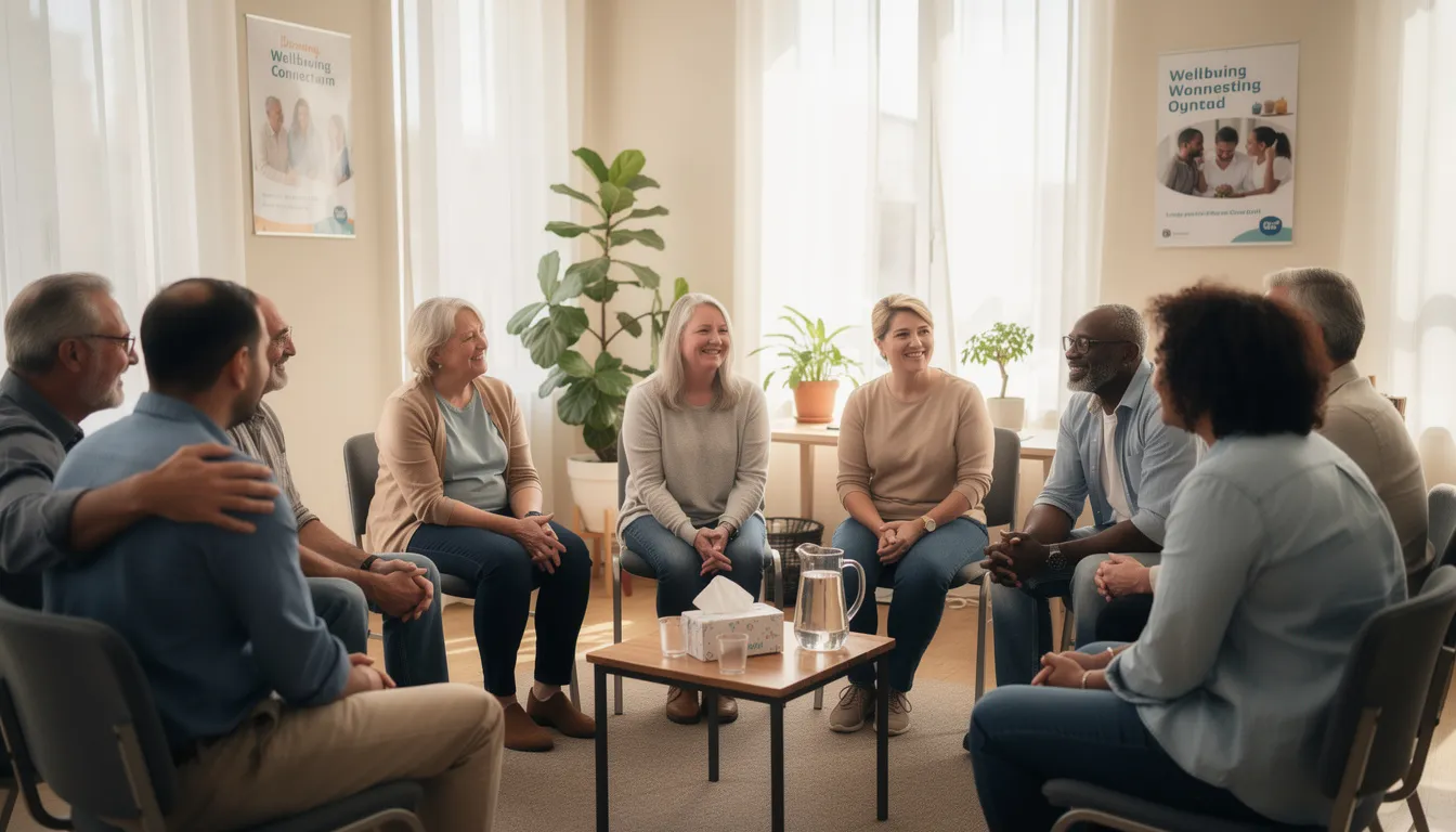 The image depicts a supportive group of individuals sitting in a circle, symbolizing community and mutual support, often found in support groups for mental health disorders such as alcohol use disorder and other substance use disorders. This gathering emphasizes the importance of connection and understanding in addressing challenges related to mental health and addiction.