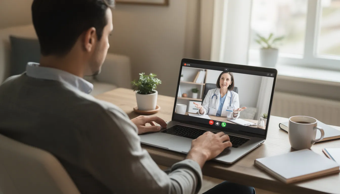 A person is engaged in a telehealth video session on their laptop at home, participating in mental health treatment. This setting highlights the convenience of accessing outpatient care and therapy sessions, such as dialectical behavior therapy, from a supportive environment.
