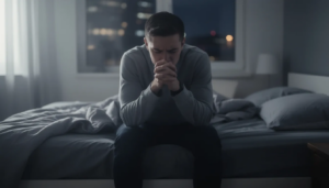 The image depicts a person sitting alone with a distressed expression, visibly struggling with anxiety, which is a common mental health disorder. Their body language suggests feelings of excessive worry and emotional turmoil, often associated with anxiety disorders and other mental health conditions.