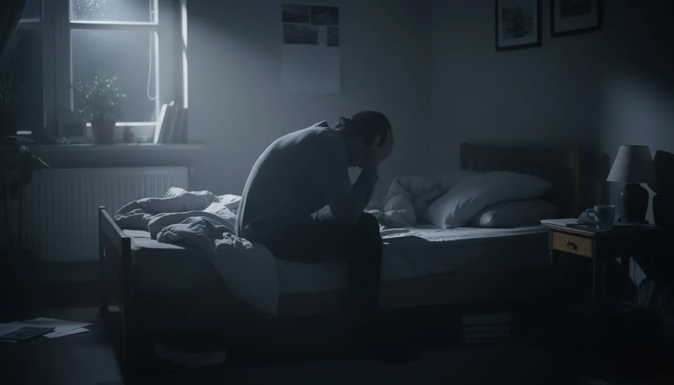 The image depicts a person sitting alone with a downcast expression, symbolizing the struggle with depression, a common mental health disorder. Their body language reflects feelings of sadness and significant impairment in daily life, highlighting the emotional challenges associated with mental illness.