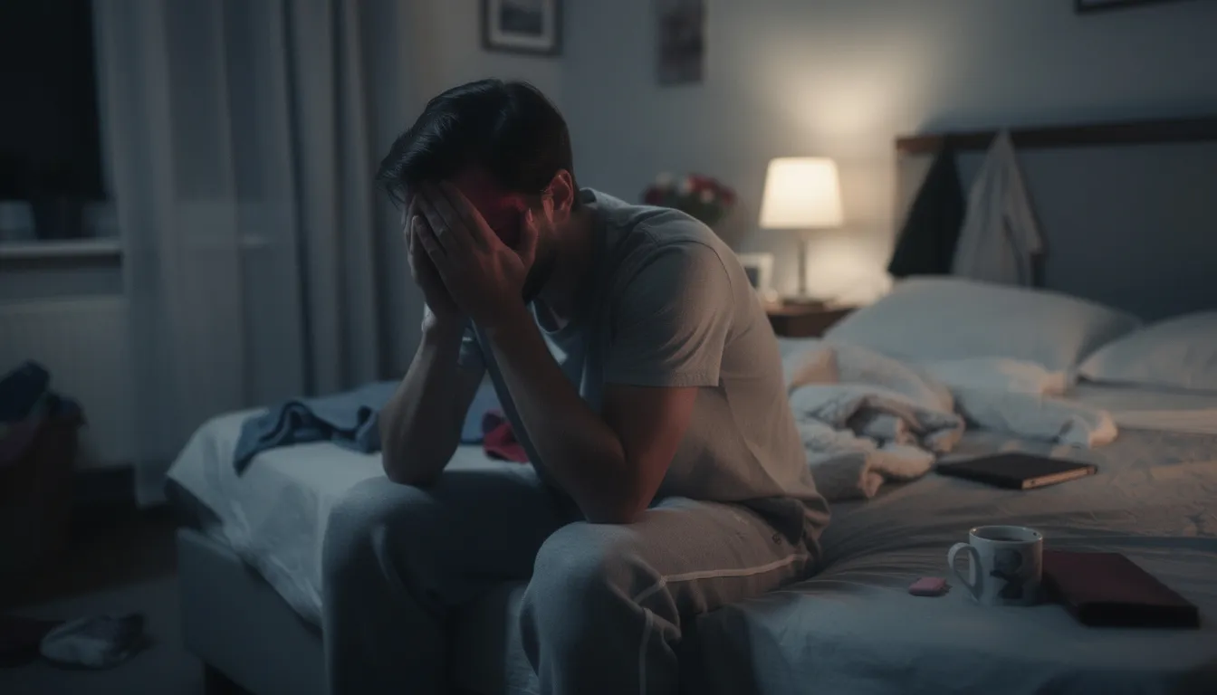 The image depicts a person visibly struggling with the effects of post-traumatic stress disorder (PTSD), exhibiting signs of anxiety and emotional distress. Their expression reflects significant impairment in daily life, highlighting the challenges faced by individuals dealing with mental health disorders.