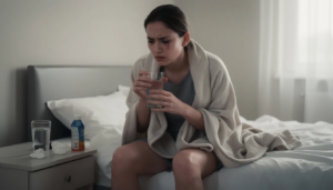 The image depicts a person exhibiting what are signs of detoxing, such as body pain and skin breakouts, which are common detox symptoms during the detoxification process. This individual appears to be experiencing both physical and emotional changes, indicative of the body's efforts to eliminate harmful substances and restore balance.