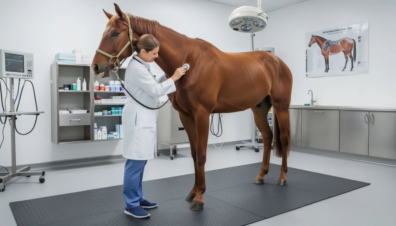 Veterinarian Examining a Horse During Clinical Health Check A veterinarian is examining a horse in a clinical setting, focusing on its health and well-being. The scene highlights the importance of veterinary medicine, particularly in managing pain relief and sedation, potentially involving drugs like xylazine and ketamine for their analgesic and muscle relaxing properties.