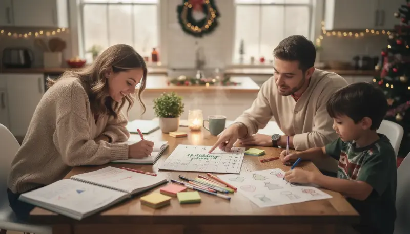 A group of family members is gathered around a kitchen table, collaboratively creating a written holiday plan. This scene emphasizes family involvement and support as they discuss ways to strengthen their bonds and cope with challenges related to addiction recovery and emotional well-being.