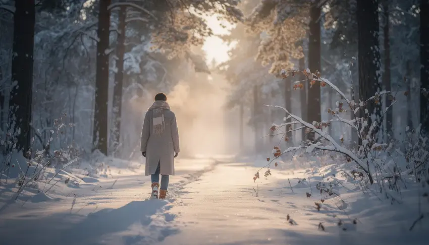 A person walks peacefully through a snowy landscape, symbolizing their healing journey from mental health challenges and the emotional ups and downs of early sobriety. This serene scene emphasizes the importance of self-compassion and the pursuit of a fulfilling life while managing depression symptoms and seeking support.