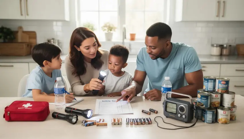 The image shows a family gathered around a kitchen table, engaged in a serious discussion about safety supplies, including naloxone and fentanyl test strips, to prepare for potential opioid overdose situations. They appear concerned about the risks associated with illicit drugs and the importance of having these supplies on hand to save lives in case of an emergency.