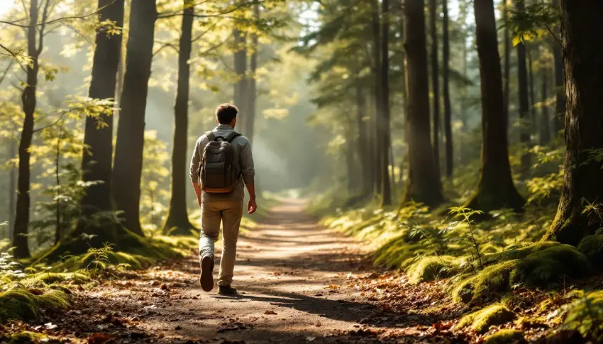 The image depicts a person walking along a serene path in a lush forest, symbolizing their journey of recovery from mental health and substance use disorders. This peaceful setting reflects the importance of support and coping skills in overcoming mental health concerns and finding healing.