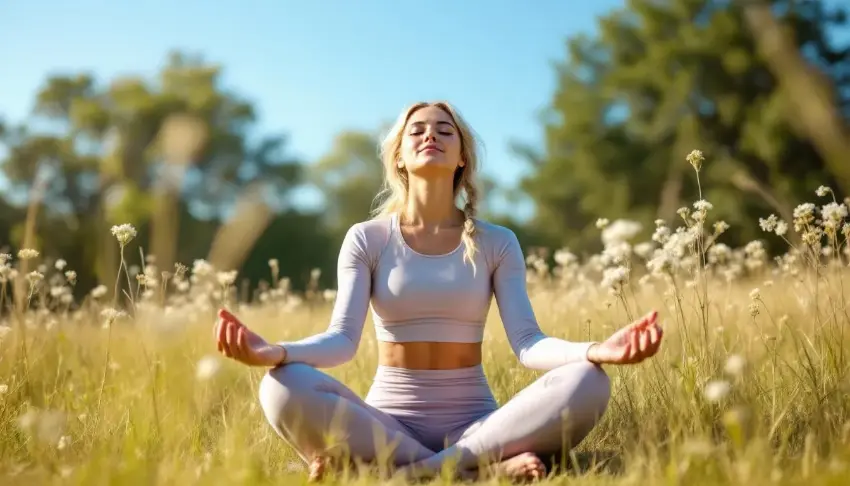 A person is practicing yoga or meditation outdoors, surrounded by nature, which promotes mental health and mindfulness. Engaging in such activities can be beneficial for those dealing with alcohol use disorder, as they help manage stress and support recovery.