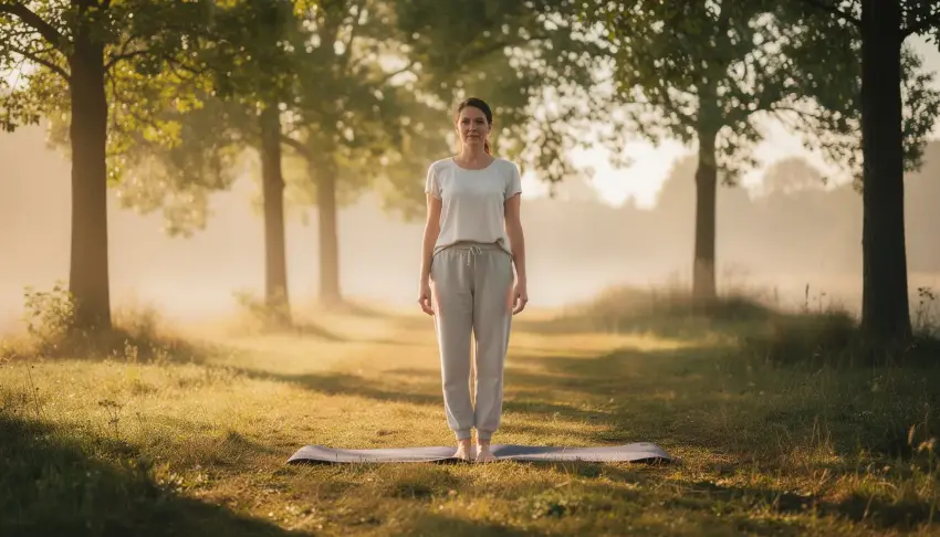 A person is practicing yoga outdoors in a serene natural setting surrounded by trees, with sunlight filtering through the leaves, promoting a sense of peace and mindfulness. This scene embodies the holistic approach often embraced in luxury rehab centers, emphasizing the importance of mental health and wellness in the recovery journey.