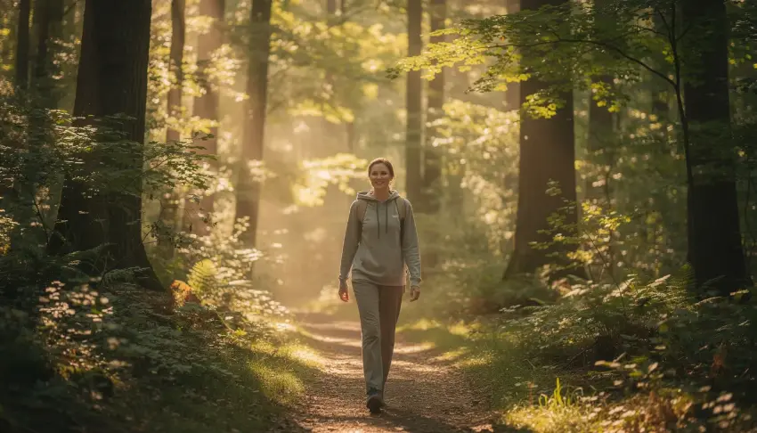 A person walks alone on a serene forest trail, embodying a sense of peace and presence, which reflects the journey towards self-awareness and emotional well-being. This moment signifies the importance of practicing self-care and setting healthy boundaries to overcome codependent behaviors and foster fulfilling relationships.