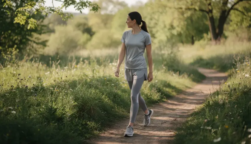 A person is walking along a nature path, dressed in comfortable exercise clothes, enjoying the outdoors. This scene captures the essence of physical health and well-being, which can be important for those managing withdrawal symptoms from stimulant medications like Adderall.