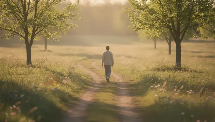 A person is walking alone on a serene path, surrounded by lush greenery, symbolizing a fresh start and the journey of recovery from addiction. This peaceful scene reflects the hope and support found in addiction treatment programs and the importance of a supportive environment in the recovery process.