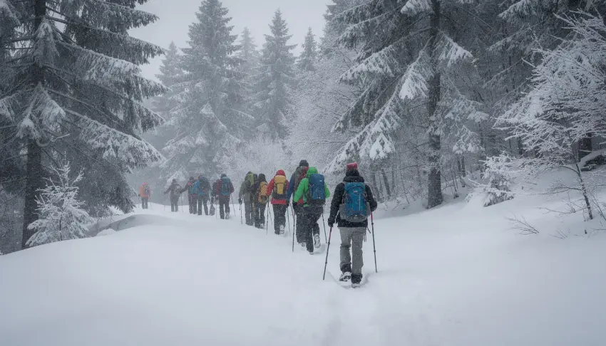 A group of people is hiking on a snowy trail through a winter forest, enjoying the fresh air and the beauty of nature while engaging in a fun sober activity that promotes physical health and personal growth. They are likely having meaningful conversations, connecting with each other, and embracing the positive aspects of an alcohol-free life.