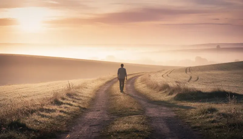 A person walks along a tranquil path, bathed in the warm light of a sunrise, heading towards a bright horizon. This serene scene symbolizes hope and recovery, reflecting the journey many face in overcoming substance use disorders and the importance of seeking support from health professionals.