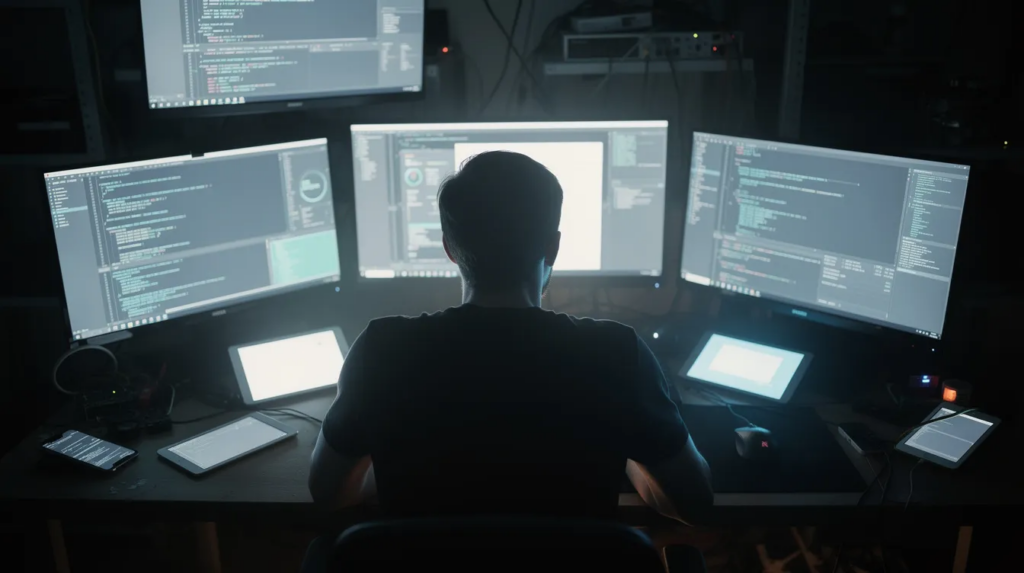 A person sits at a desk in a dark room, surrounded by multiple glowing screens and devices, illustrating the struggle of internet addiction. This scene highlights the potential compulsive internet use that can interfere with personal and professional obligations, emphasizing the need for treatment for internet addiction and the importance of managing screen time for mental health.