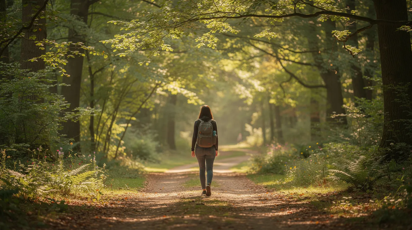 A person is walking along a serene nature trail, surrounded by lush trees that create a calming atmosphere, symbolizing the journey towards mental well-being and recovery from substance use disorders. This peaceful setting reflects the importance of nature in treatment programs and the healing process for individuals affected by mental health conditions.