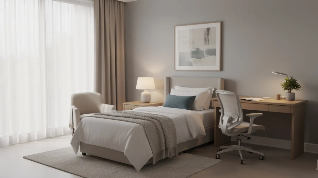 The image depicts a private bedroom within a treatment facility, featuring comfortable furnishings and ample natural light, creating a serene environment conducive to healing and recovery from mental health conditions and substance use disorders. This space reflects the quality care and comprehensive support offered to patients on their journey toward long-term recovery.