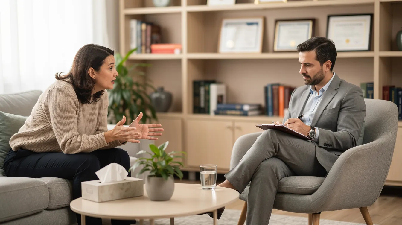The image depicts a professional therapy session where a mental health professional takes notes while a client discusses their experiences, potentially related to internet addiction and its treatment. This setting emphasizes the importance of managing compulsive internet use and addressing underlying mental health issues.
