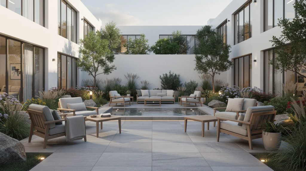 The image depicts a tranquil outdoor courtyard at a modern treatment center, featuring comfortable seating surrounded by lush, natural landscaping. This serene space is designed to support recovery and enhance mental health services for individuals undergoing treatment for substance use disorders.