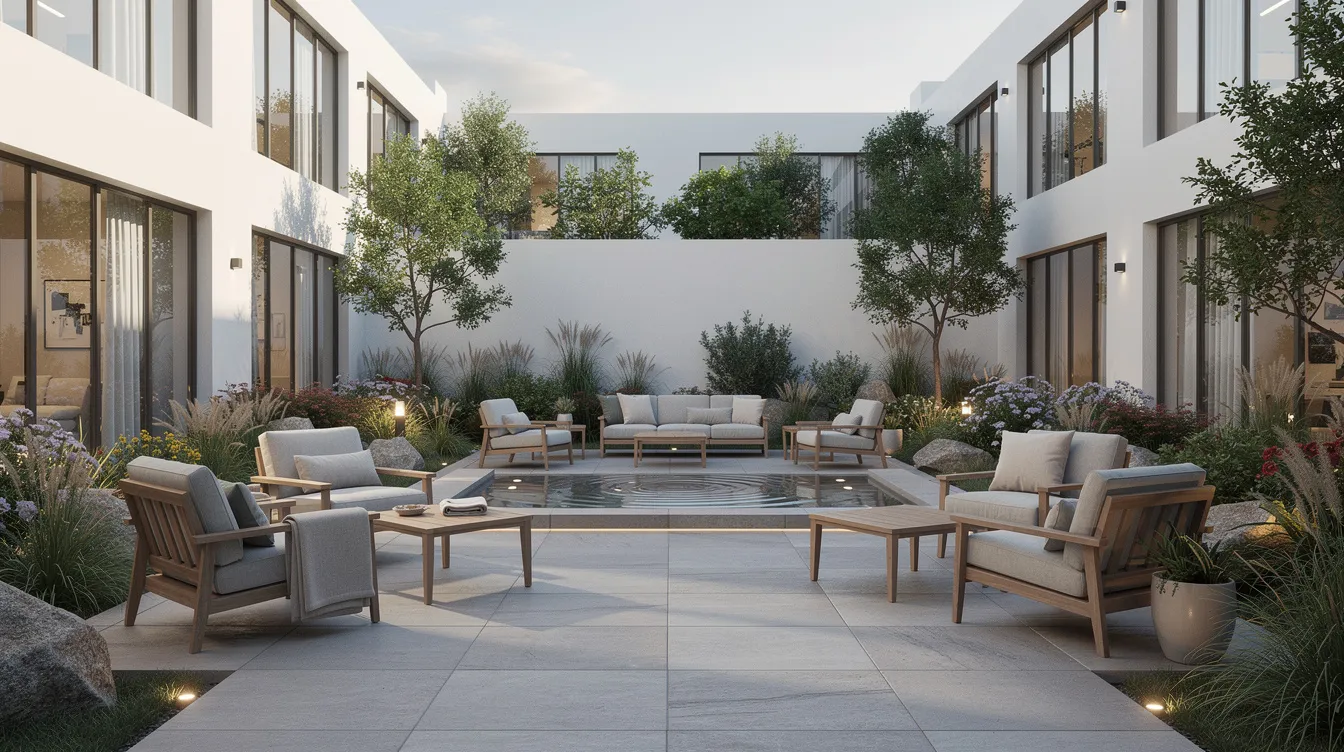 The image depicts a tranquil outdoor courtyard at a modern treatment center, featuring comfortable seating surrounded by lush, natural landscaping. This serene space is designed to support recovery and enhance mental health services for individuals undergoing treatment for substance use disorders.
