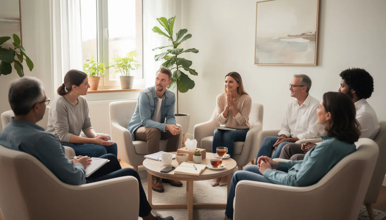 The image depicts a group therapy session with individuals comfortably seated in chairs, engaged in discussion, highlighting the supportive environment often found in mental health treatment settings. This setting is essential for those seeking inpatient or outpatient treatment for mental health conditions and substance use disorders, emphasizing the importance of group therapy in addiction treatment with Cigna insurance benefits.