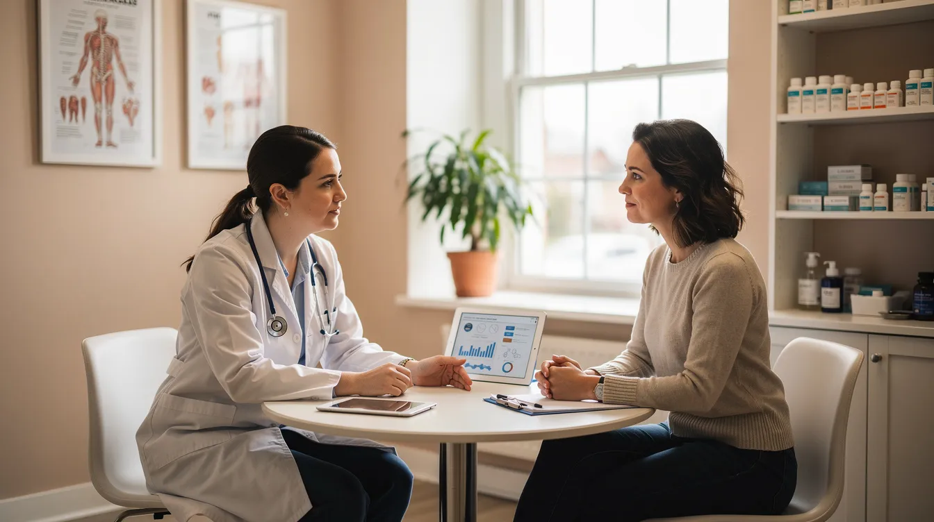 A medical professional is engaged in a consultation with a patient in a comfortable clinical setting, emphasizing personalized care and discussing the treatment plan for addiction and mental health conditions. The environment reflects a luxury rehab facility, designed to support the recovery process with high-end amenities and a dedicated clinical team.