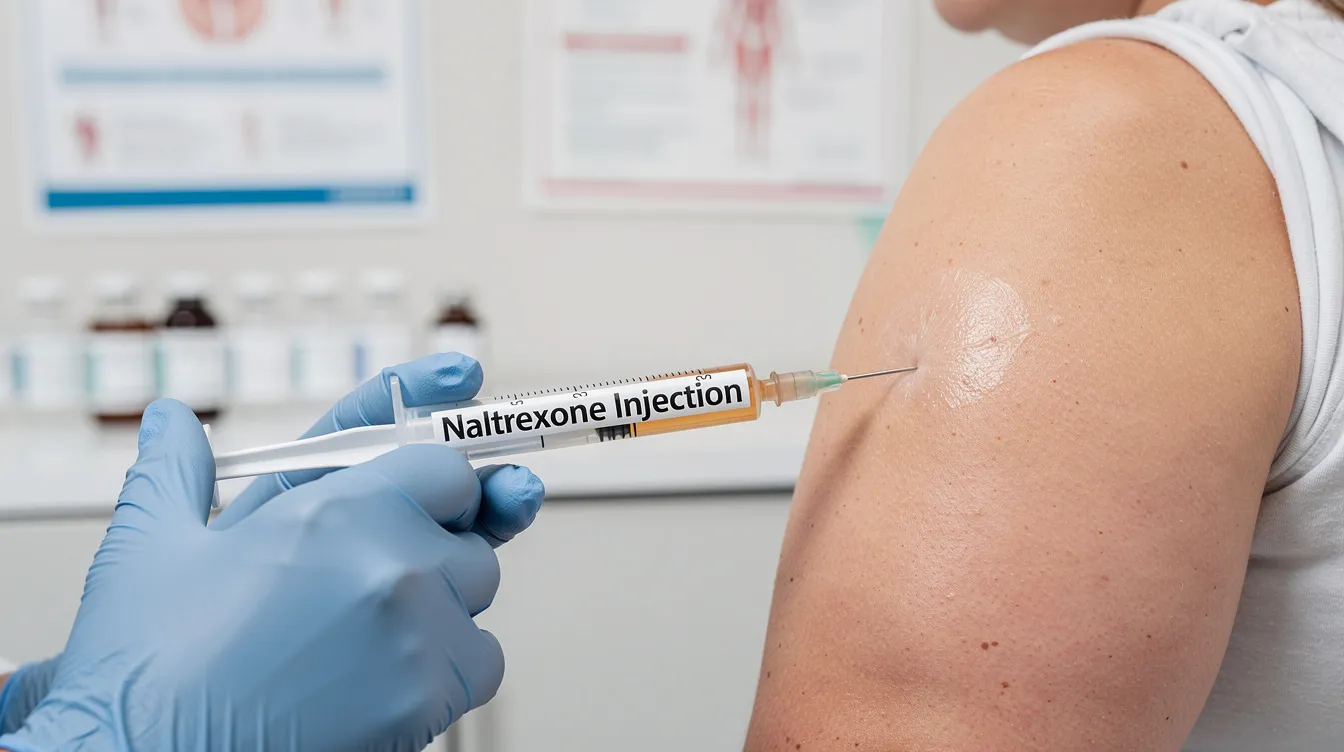 The image depicts a vial between the naltrexone vs vivitrol injection, a medication used to treat opioid and alcohol addiction by blocking opioid receptors and reducing cravings. This injectable form, often referred to as Vivitrol, is administered monthly and is a key component in medication-assisted treatment for substance use disorders.