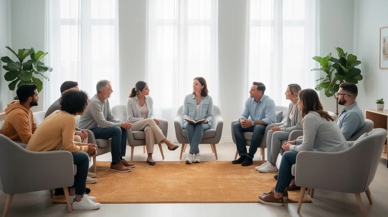 A group therapy session is taking place in a bright room, where diverse participants are seated in comfortable chairs, engaging in discussions about addiction treatment and coping skills. This supportive environment fosters open dialogue about substance use disorders and the journey towards recovery, emphasizing the importance of treating addiction and utilizing effective therapy options.
