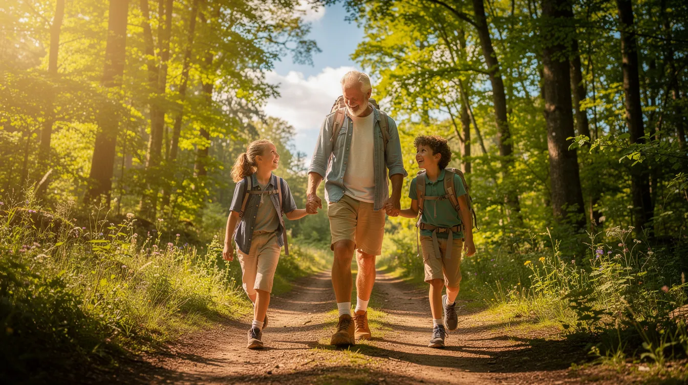 A family is enjoying a sunny day outdoors, hiking along a scenic trail surrounded by lush greenery and bright blue skies. This wholesome activity emphasizes the importance of spending time offline, which can help combat internet addiction and promote healthier social interactions.