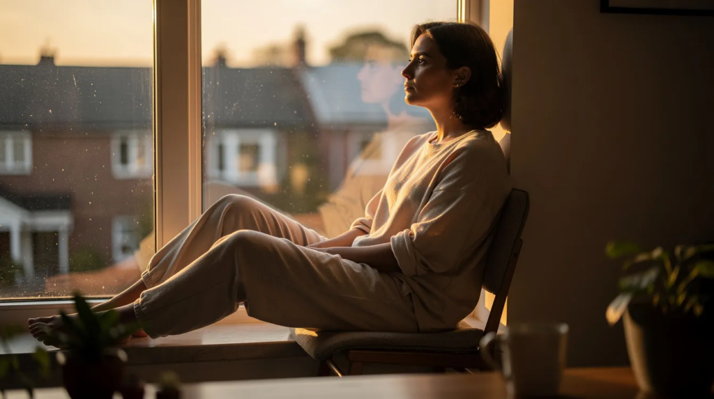 A person sits peacefully by a window, bathed in soft morning light, gazing thoughtfully into the distance. This serene moment reflects the importance of a solution focused approach in the recovery process, emphasizing hope and the exploration of clients' strengths in overcoming challenges.