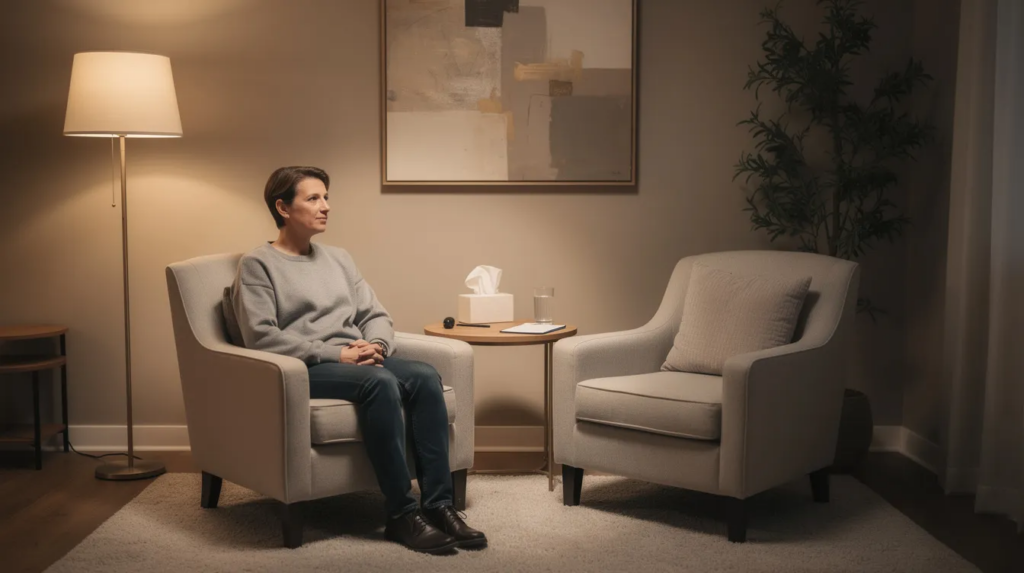 The image depicts a person sitting in a serene therapy office, surrounded by comfortable chairs and soft lighting, suggesting a safe space for discussing mental health issues such as gambling addiction and its treatment options. This tranquil environment is conducive to conversations about problem gambling and support for those affected by gambling disorders.